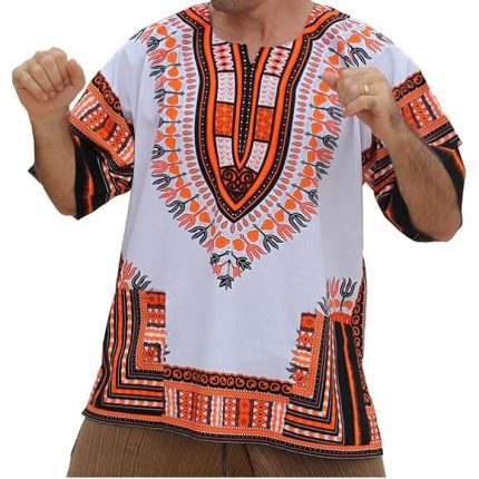 Orange White dashiki shirts-Baraka handicrafts