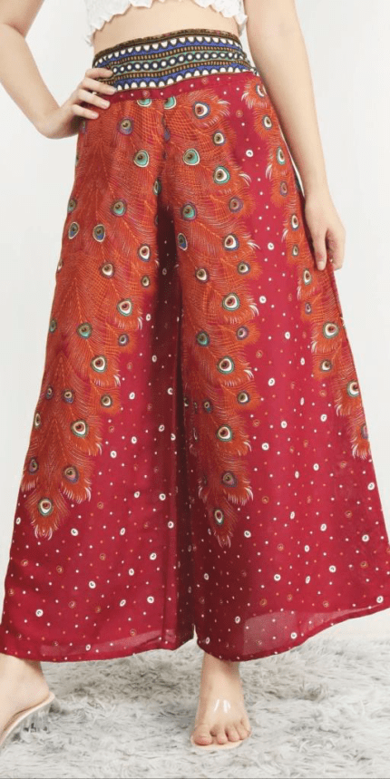 Red peacock feathers print Palazzo Pants in Canada- Baraka handicrafts