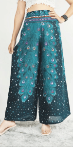Pine Green peacock feathers print Palazzo Pants in Canada- Baraka handicrafts